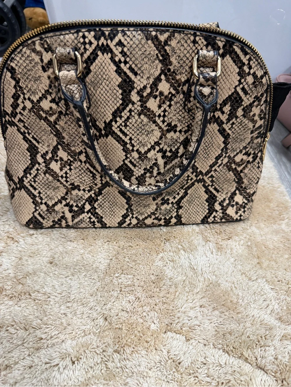Python-Print Dome Satchel Handbag in Beige and Black